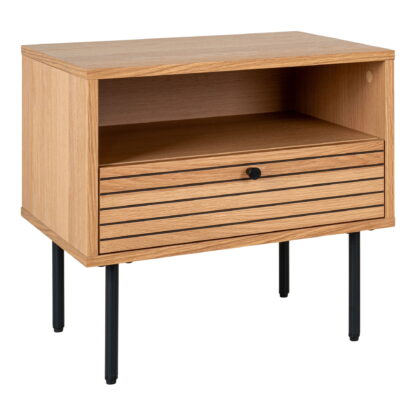 Kyoto Beistelltisch – Beistelltisch, 1 Schublade, Eichenfurnier, natur, schwarze Metallbeine 50x40x50 cm