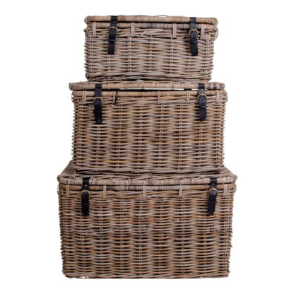 Depok Aufbewahrungskoffer – Aufbewahrungskoffer, Kubu-Rattan, Ledergriff, grau, 3er-Set – Bild 3