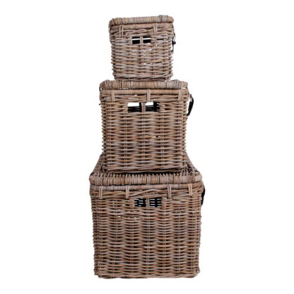 Depok Aufbewahrungskoffer – Aufbewahrungskoffer, Kubu-Rattan, Ledergriff, grau, 3er-Set – Bild 4