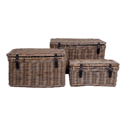 Depok Aufbewahrungskoffer – Aufbewahrungskoffer, Kubu-Rattan, Ledergriff, grau, 3er-Set